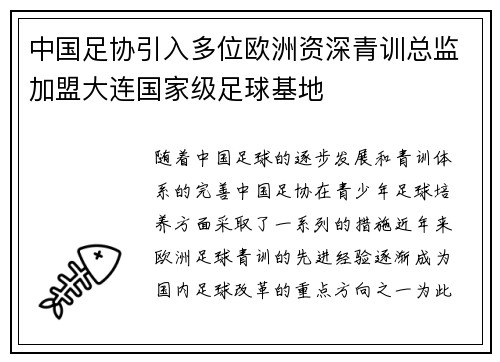中国足协引入多位欧洲资深青训总监加盟大连国家级足球基地 中国足协引入多位欧洲资深青训总监加盟大连国家级足球基地